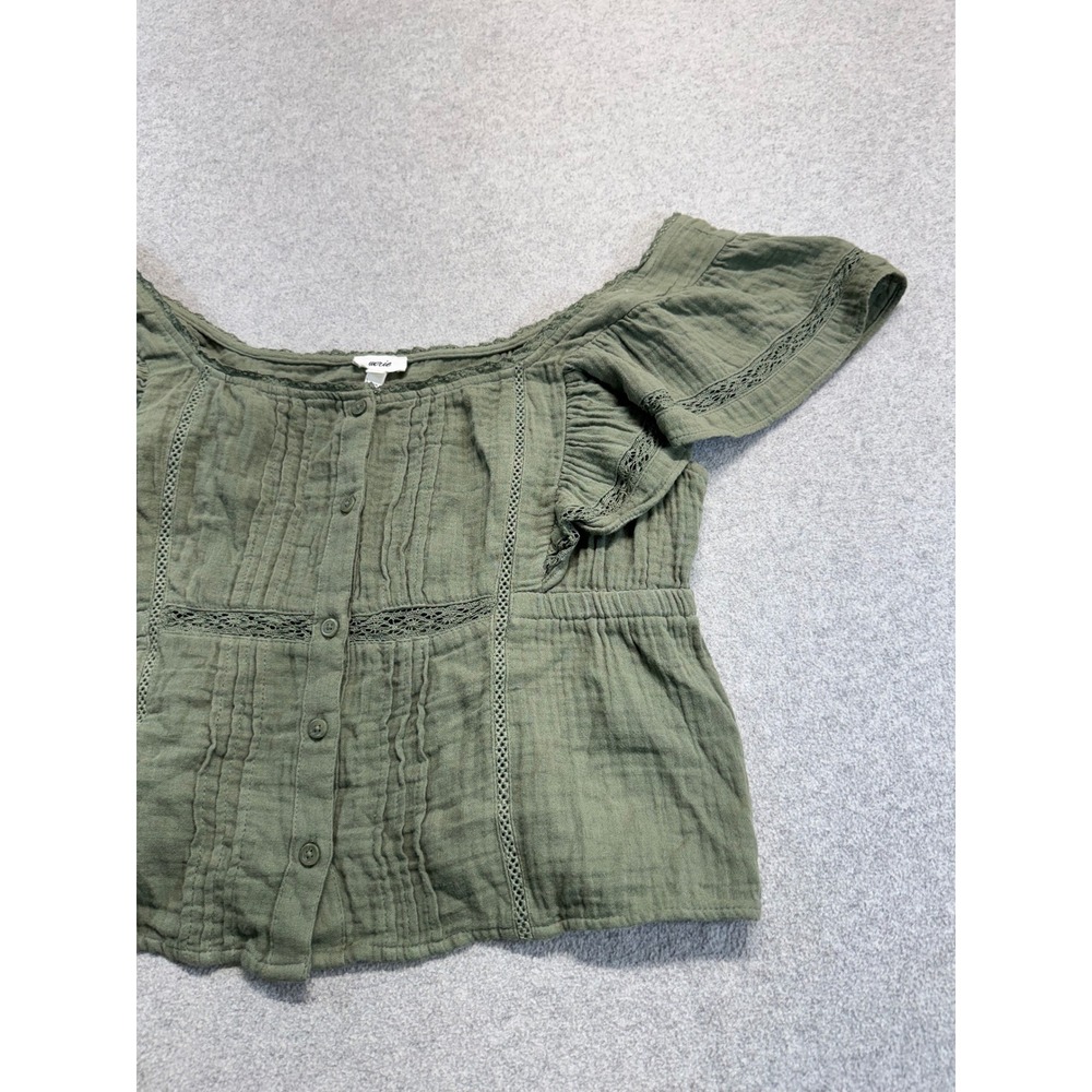 Aerie Olive Green Gauze Crop Top Womens Large Boho Cottagecore Flutter Sleeve - Picture 3 of 9